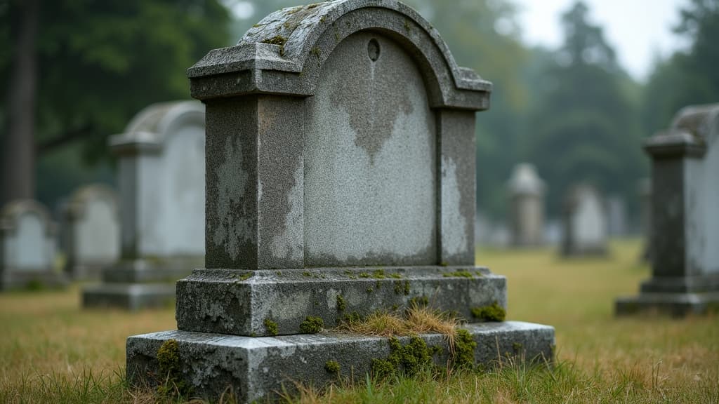 An old, weathered granite headstone