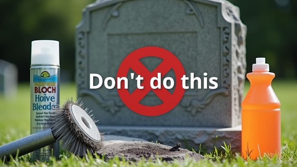 Prohibited headstone cleaning items like shaving cream, wire brushes, and bleach bottles near a headstone.