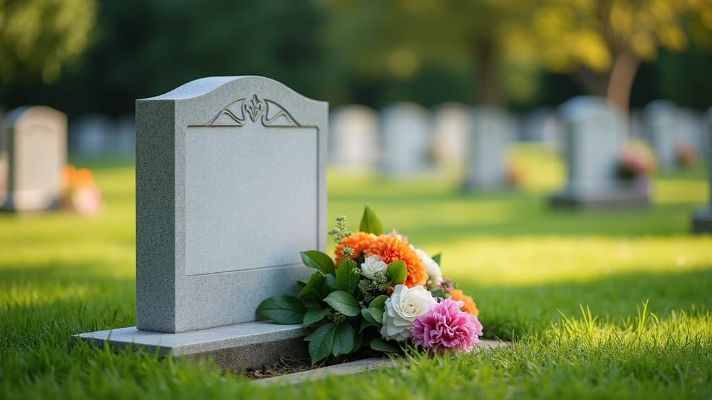 A serene gravesite with fresh flowers placed near a clean headstone