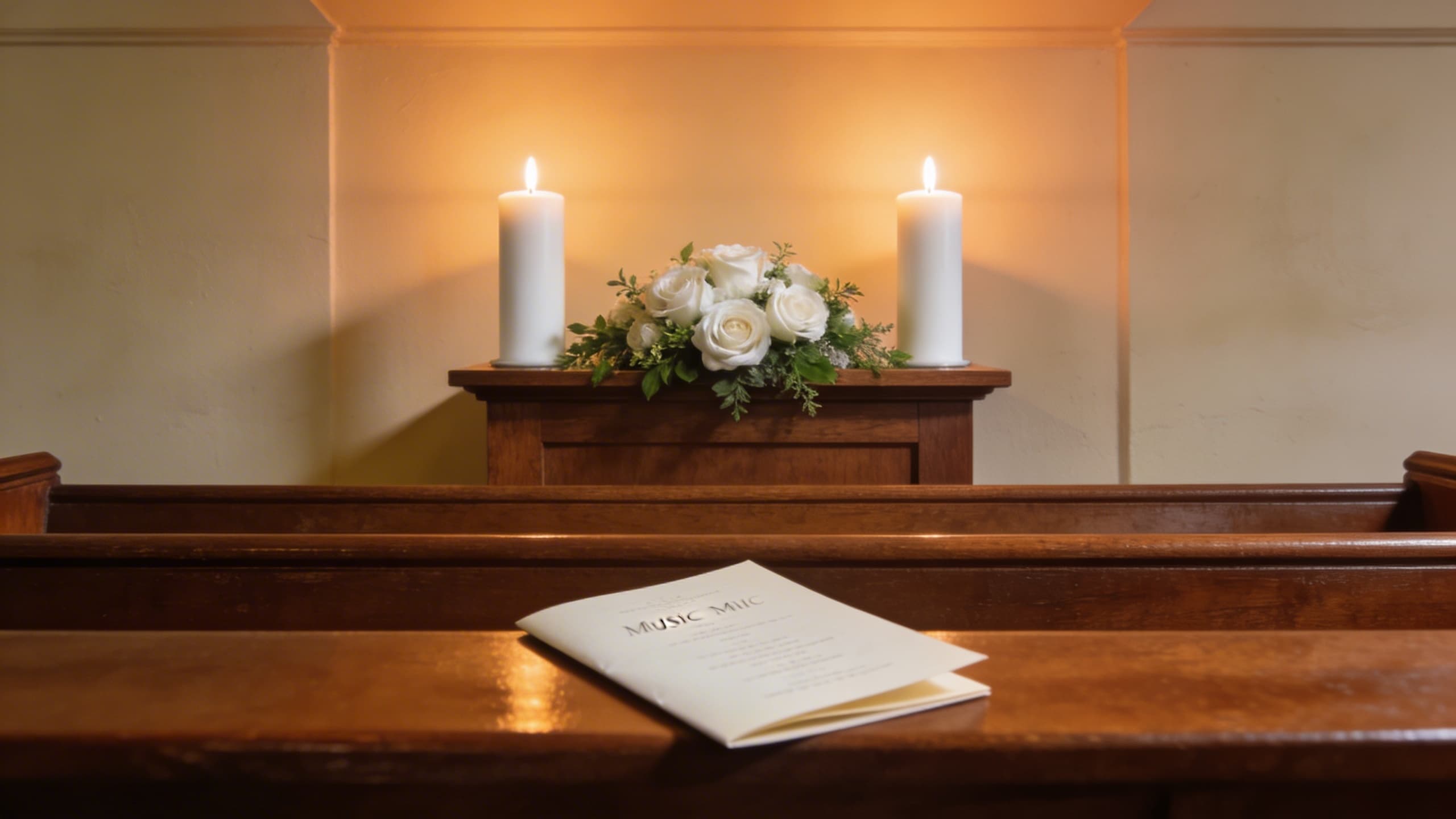 A softly lit funeral service setting with candles, flowers, and a printed music program resting on a wooden pew