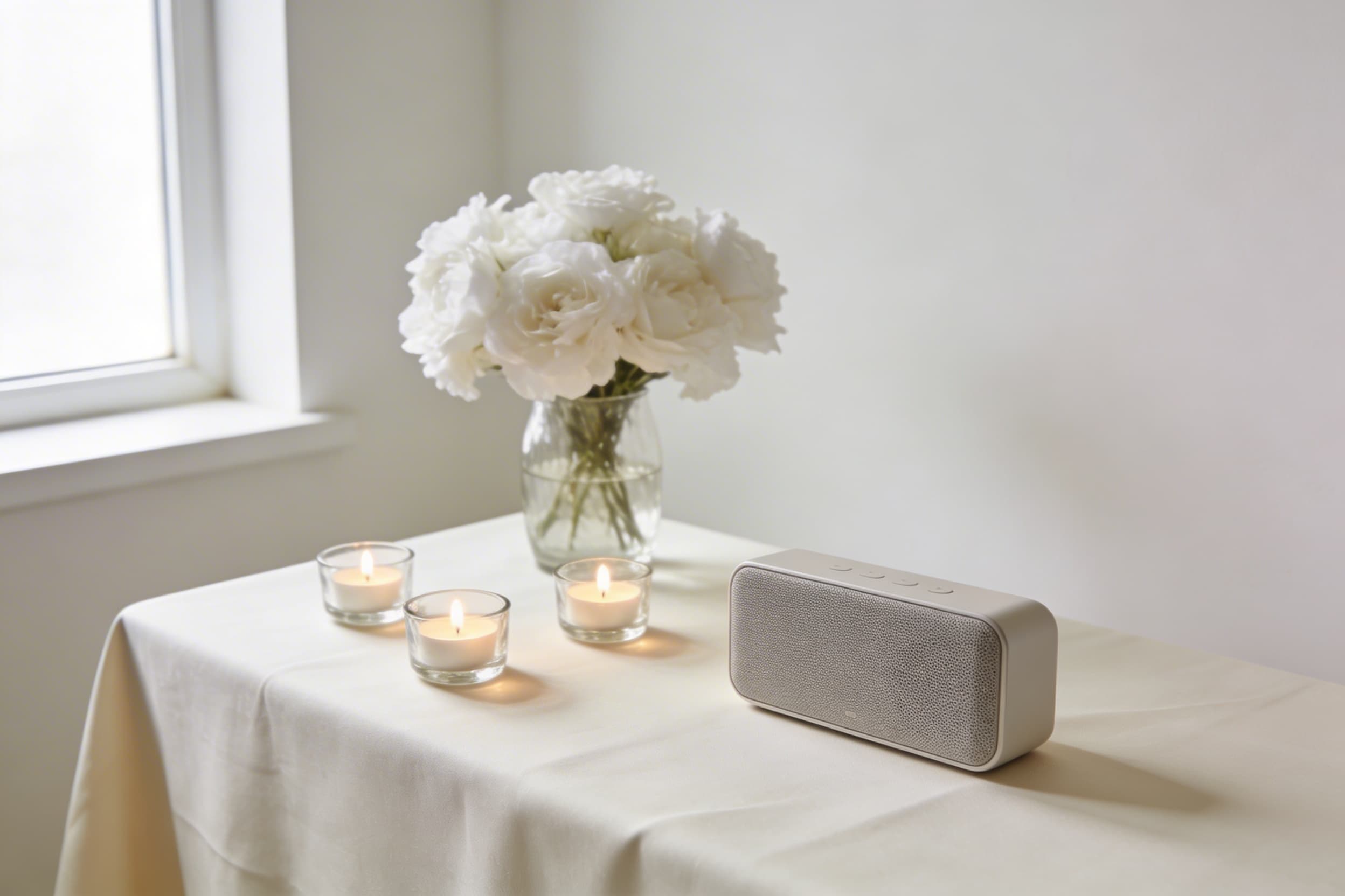 A peaceful memorial setting with white flowers, soft candlelight, and a simple sound speaker in the background