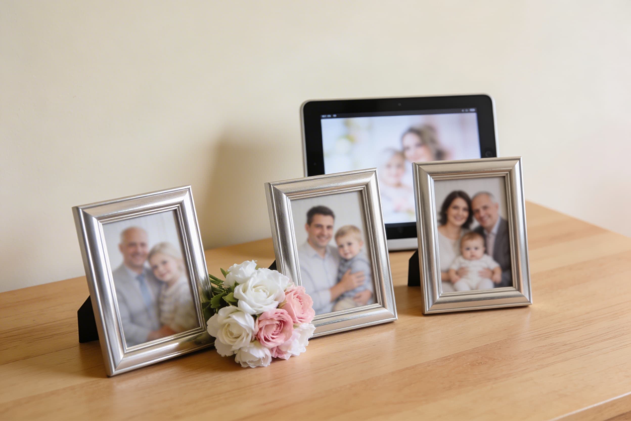 A memorial table with framed family photos, white flowers, and a small display screen showing a slideshow tribute