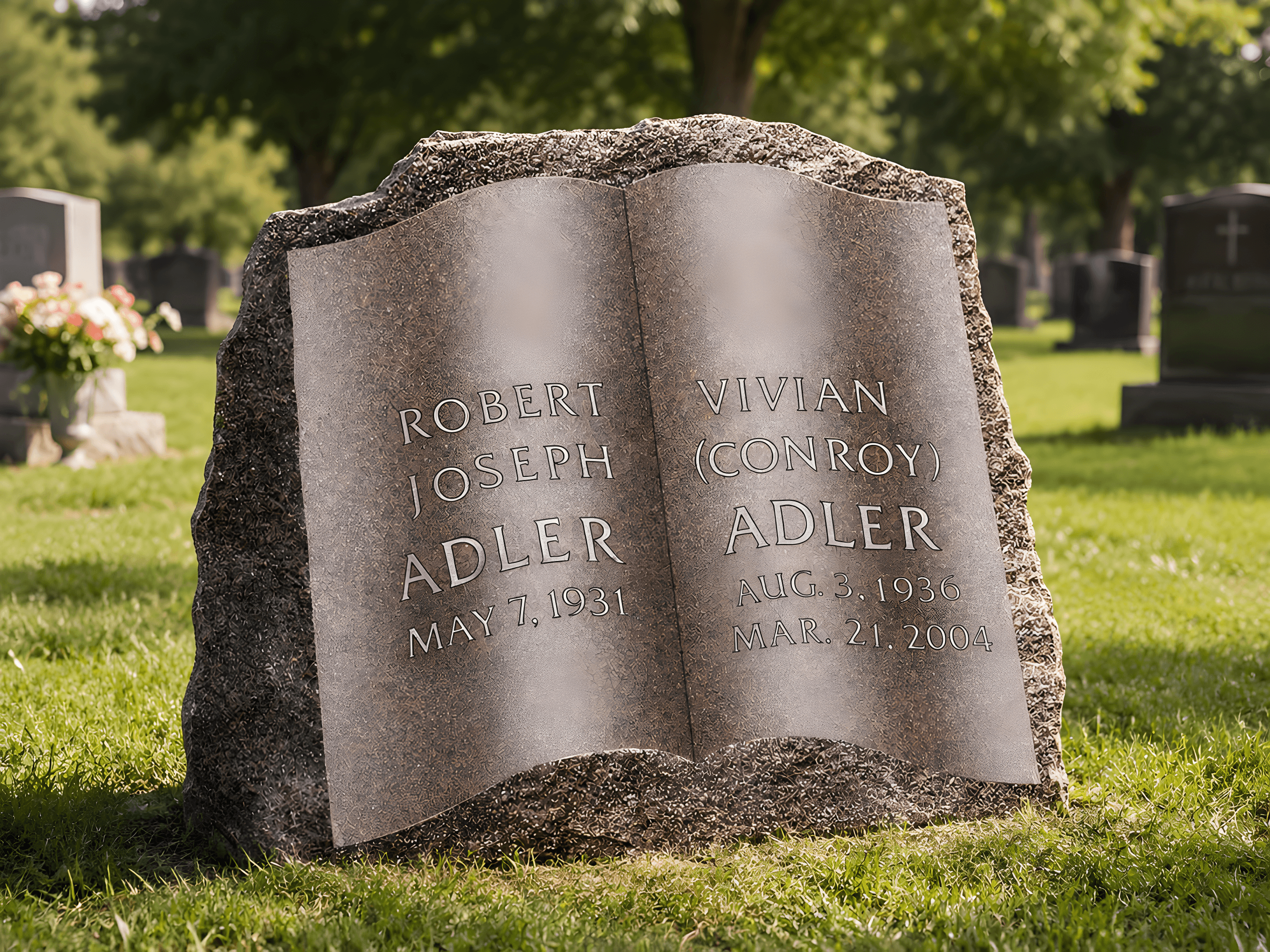 A bible companion granite headstone sitting in a cemetery.