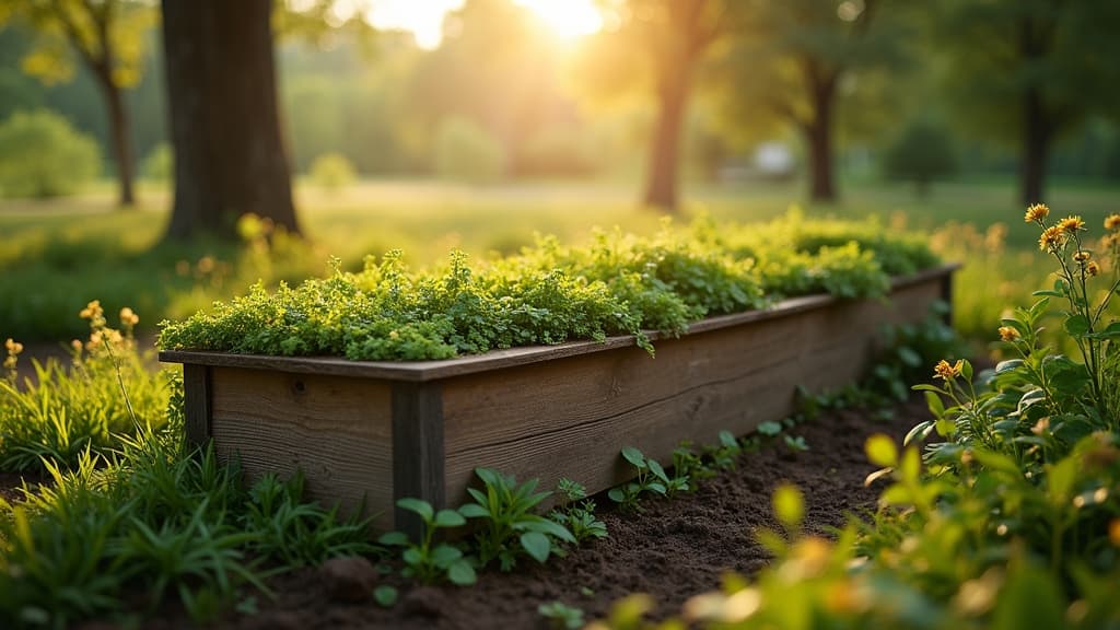 A biodegradable casket nestled in fertile earth surrounded by lush greenery and wildflowers.
