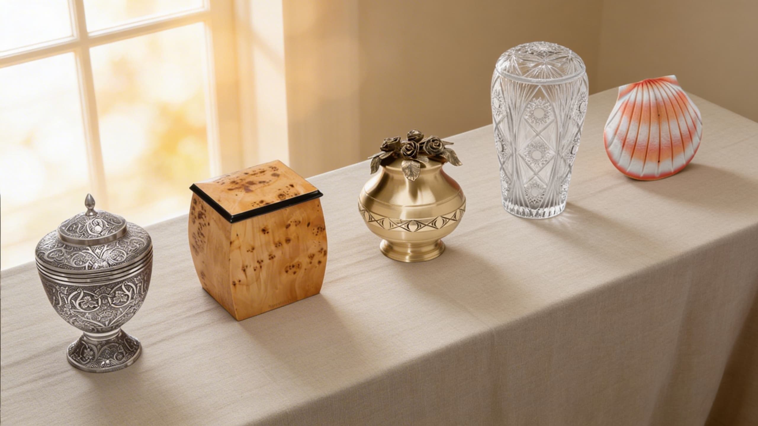 Several cremation urns of different materials including wood, marble, and bronze displayed on a neutral linen surface with soft natural lighting