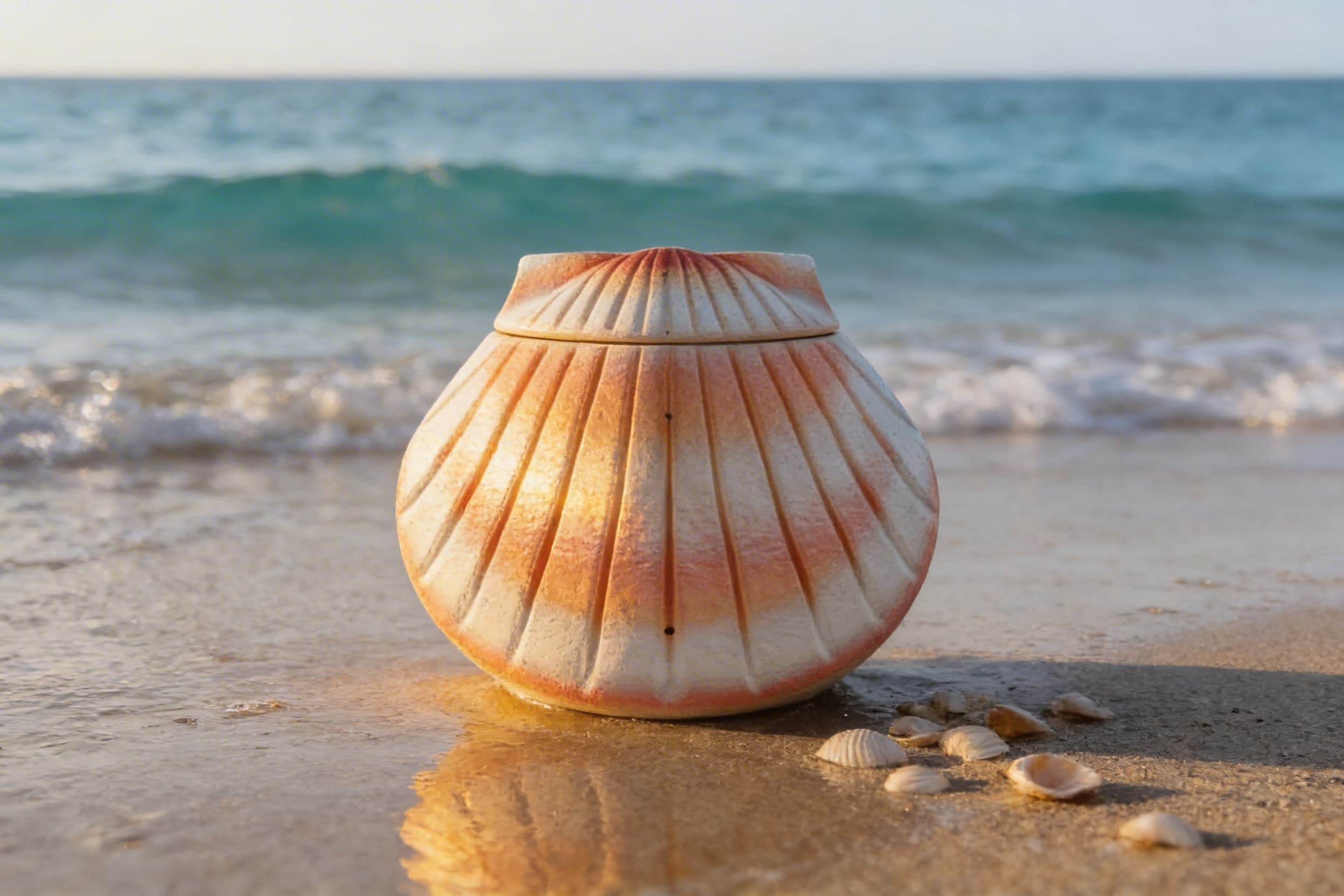 A biodegradable cremation urn made of sand and natural fibers resting on a rocky shoreline with gentle ocean waves in the background