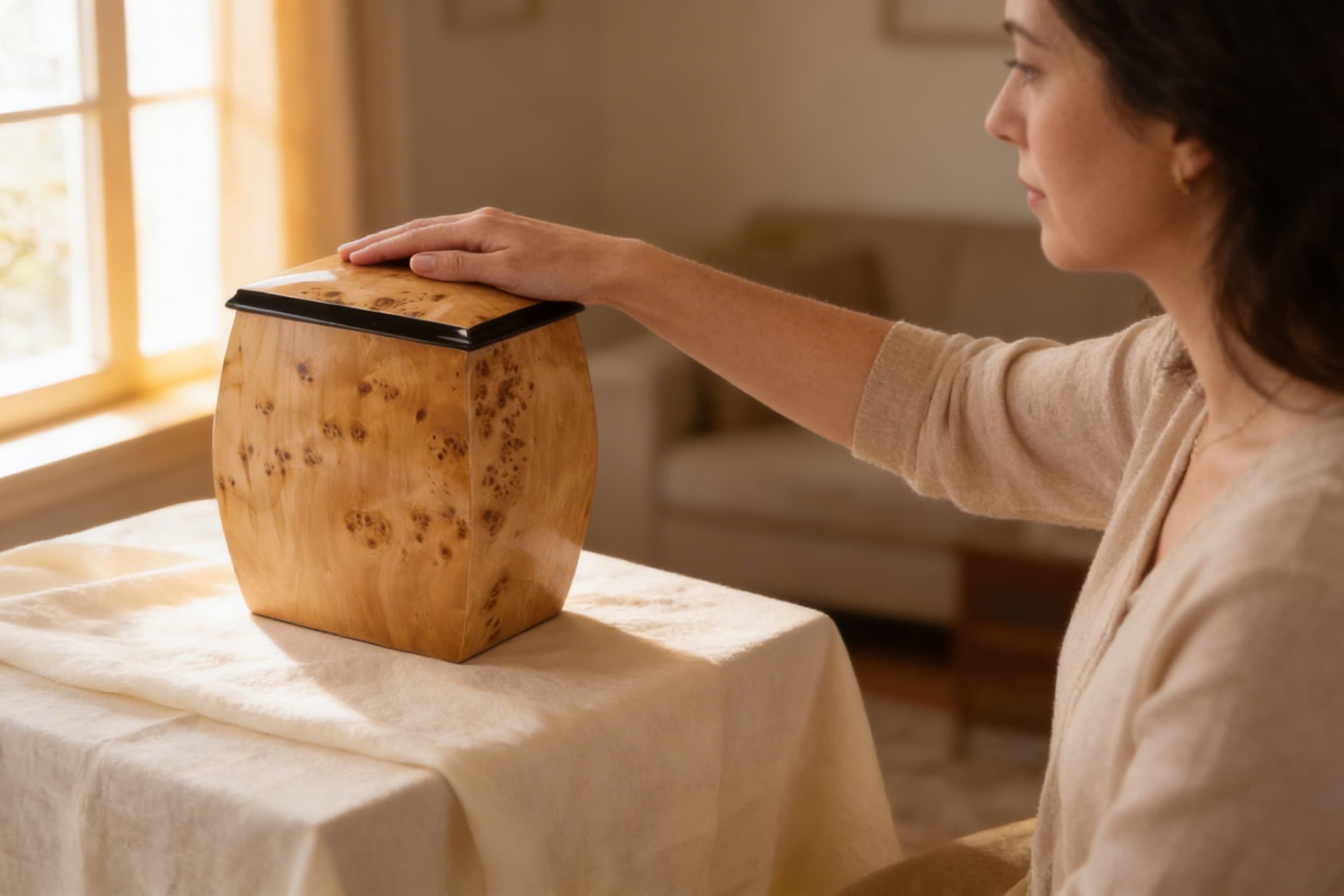 A woman gently placing her hand on top of a polished wooden cremation urn sitting on a table with a soft cream cloth