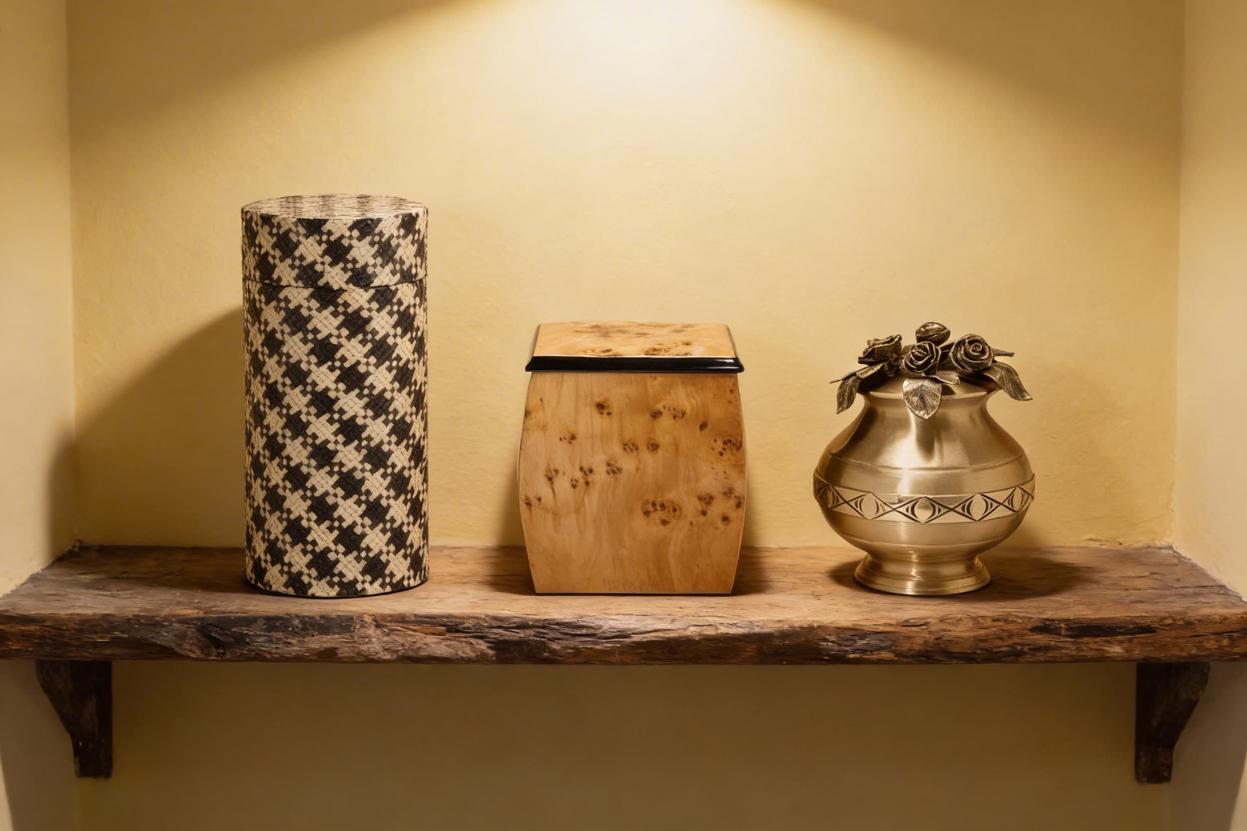 A selection of cremation urns at various price points arranged on a wooden shelf, ranging from a simple biodegradable urn to an ornate bronze urn, with warm overhead lighting