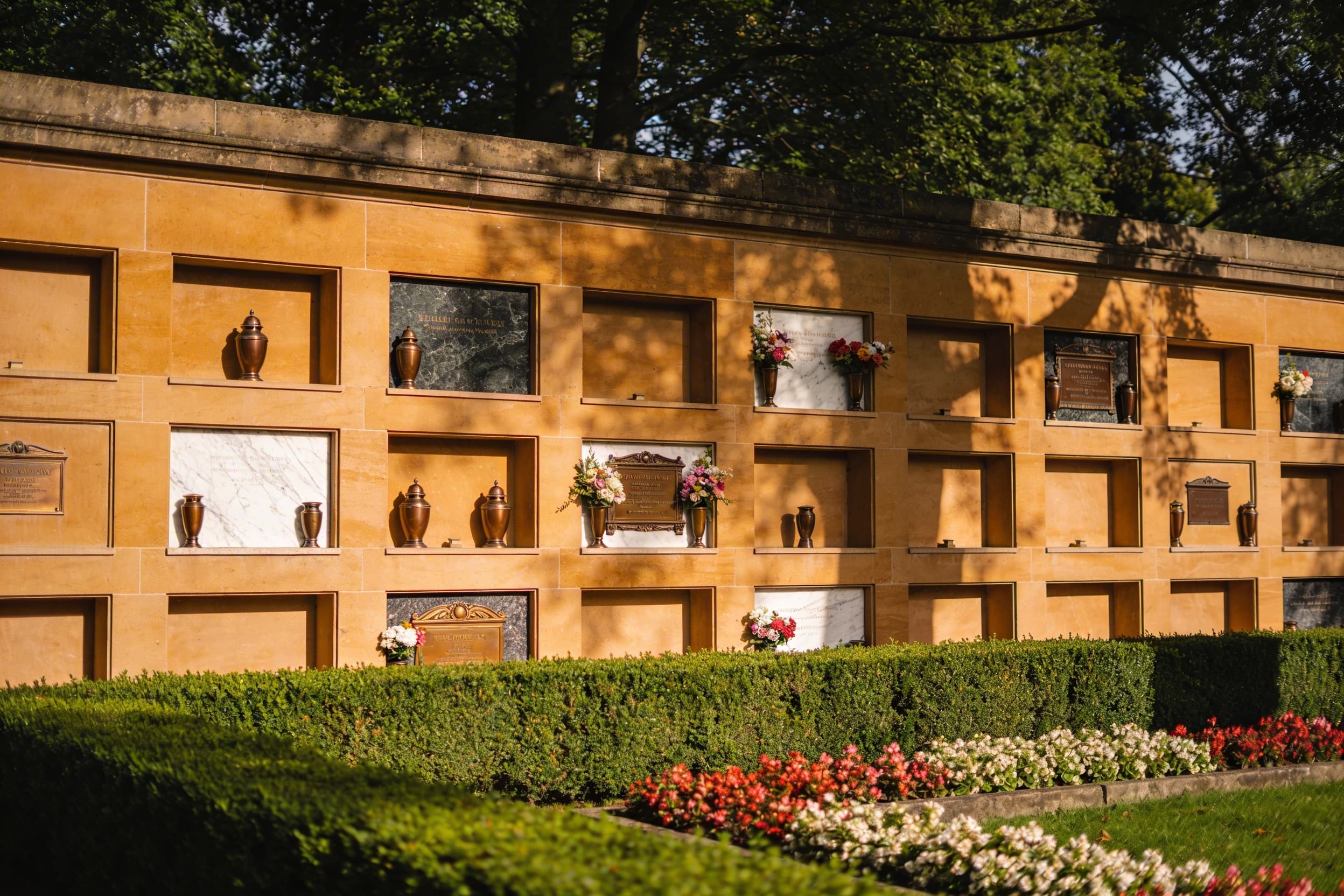 A peaceful columbarium wall in a garden setting with several niches containing marble and bronze cremation urns and fresh flowers