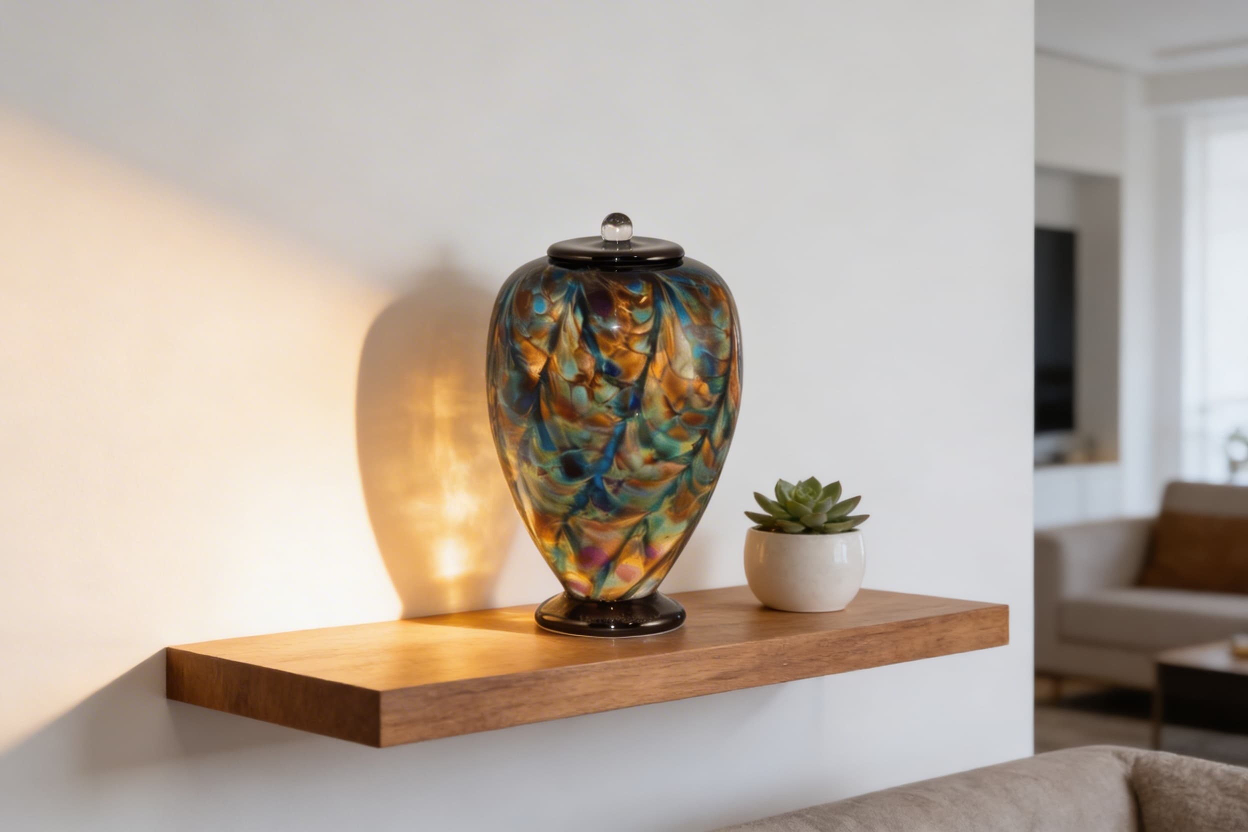A hand-blown glass cremation urn with swirls of blue and gold displayed on a dark wooden shelf next to a framed photograph and a single white flower