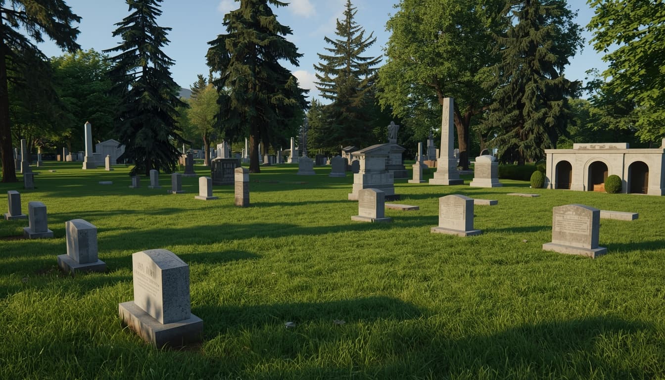 Cemetery with flush markers, upright monuments, and columbarium niches