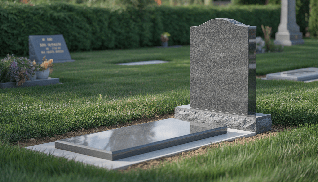 Upright headstone next to flat grave marker in a cemetery