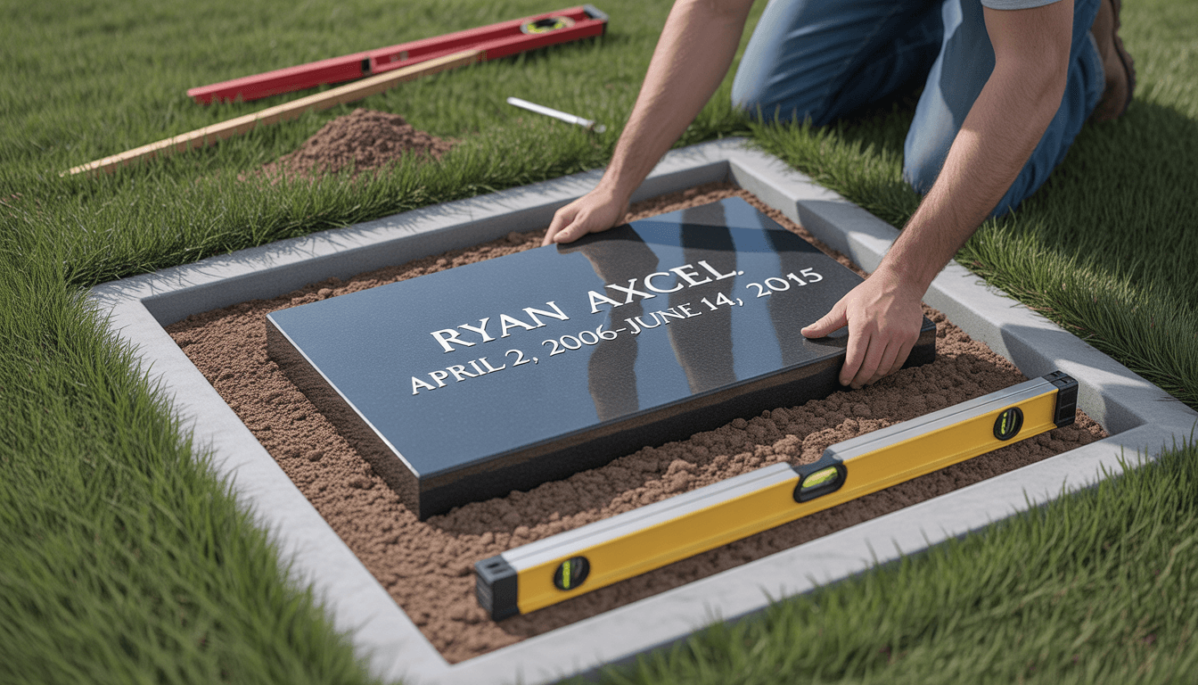 Upright headstone next to flat grave marker in a cemetery