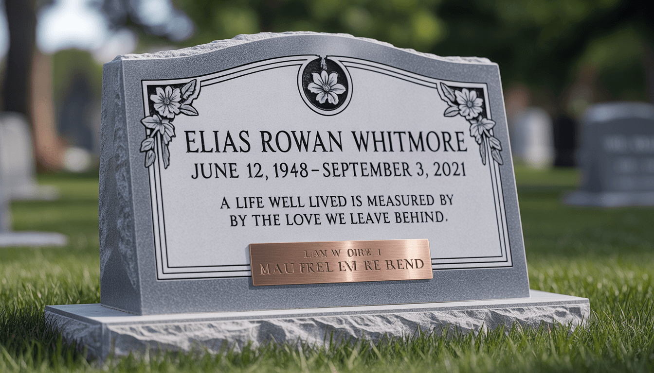Detailed upright headstone with engraving and bronze plaque
