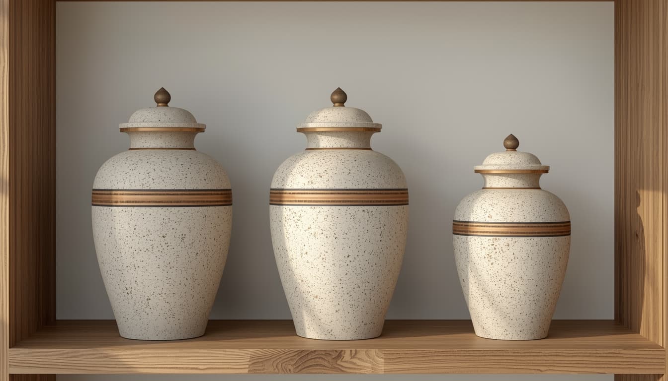 Standard, oversize, and companion cremation urns on a shelf
