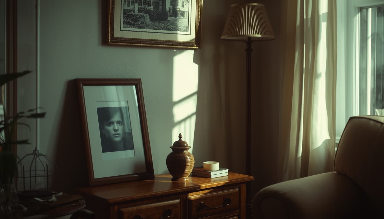 Small home memorial with urn, framed photo, and candle in a softly lit living room corner