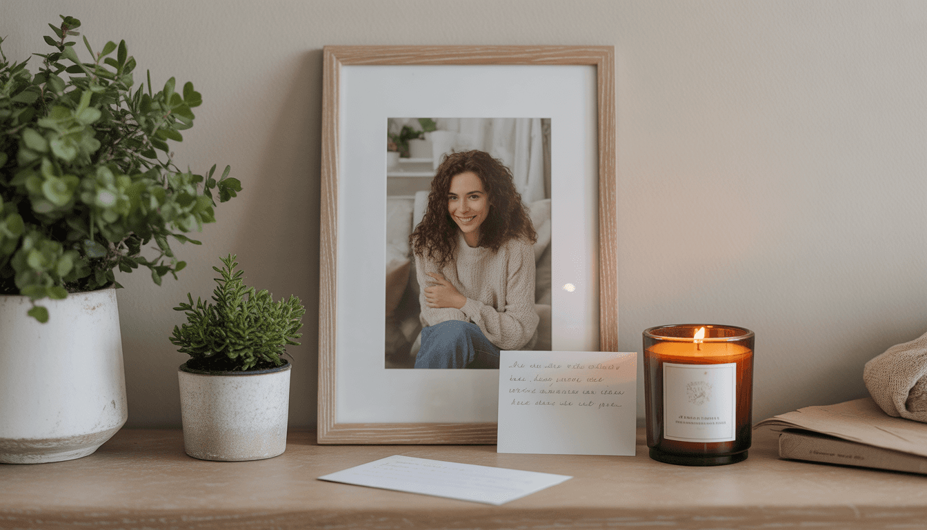 Simple remembrance shelf with photo, plant, candle, and handwritten note