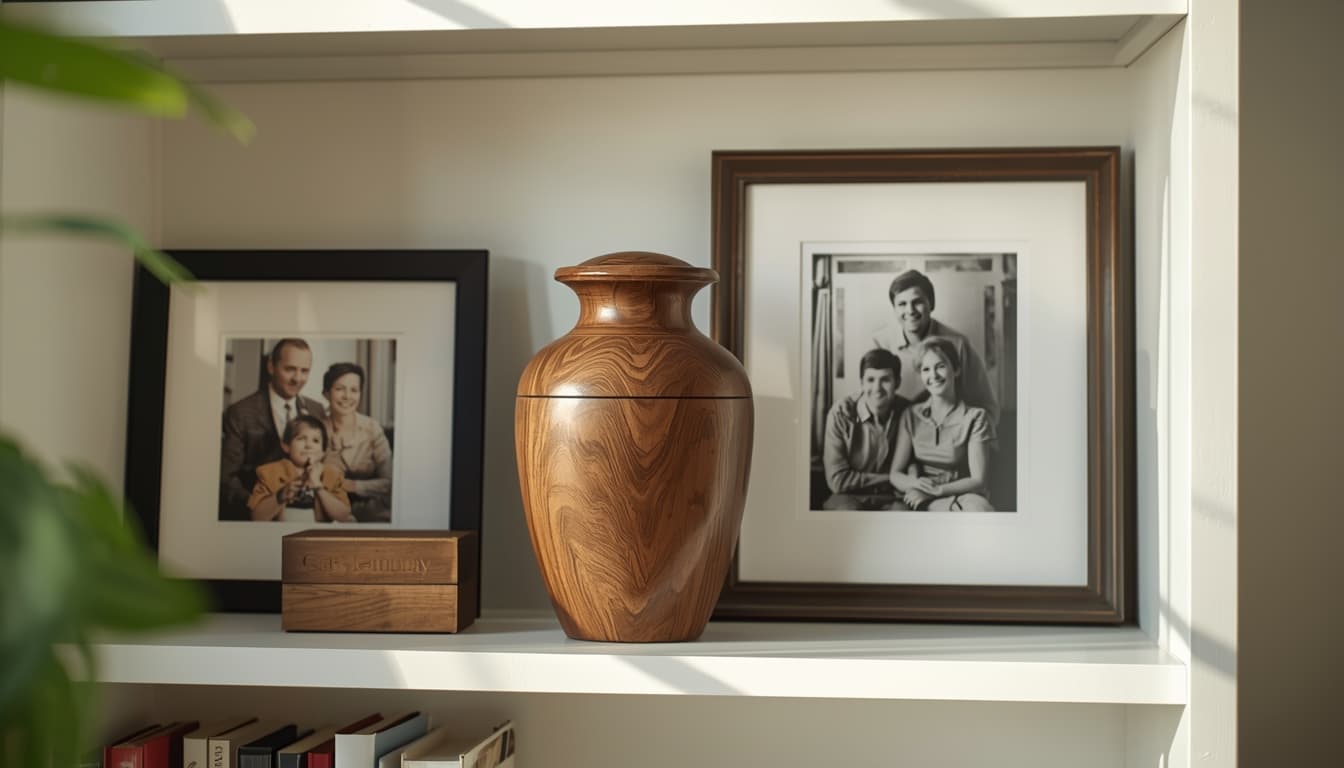 Wooden cremation urn displayed on a bookshelf with family photos