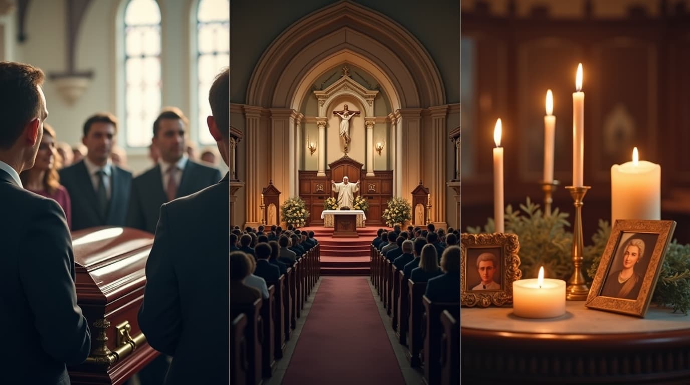 Illustration of visitation, funeral, and memorial service phases of a funeral