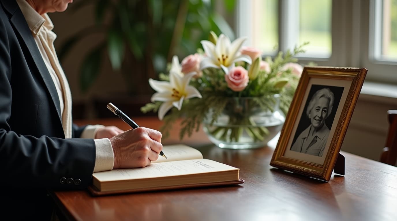Guest signing a memorial guestbook at a funeral visitation