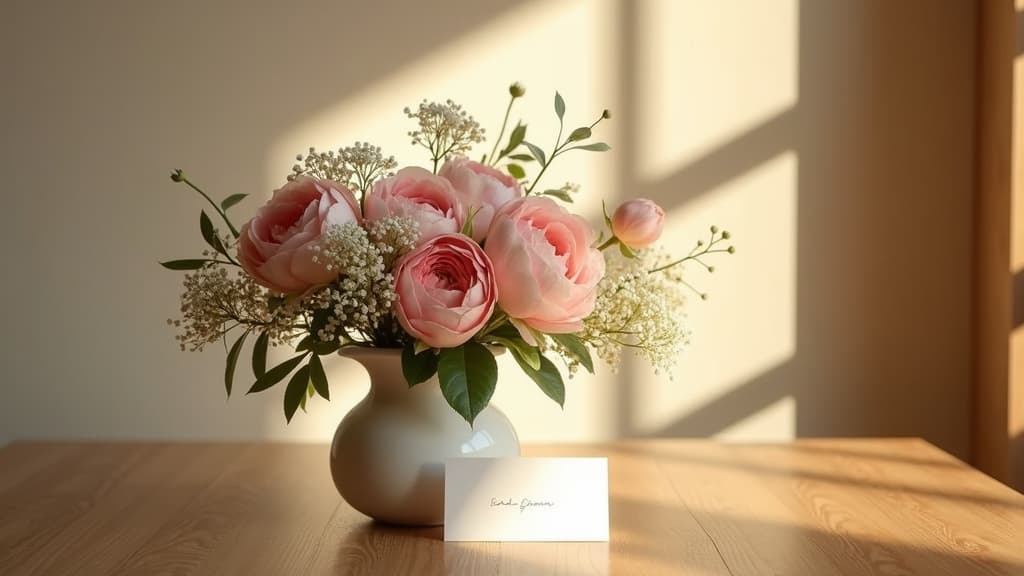 "Flowers and condolence card on a table for a funeral visitation gift