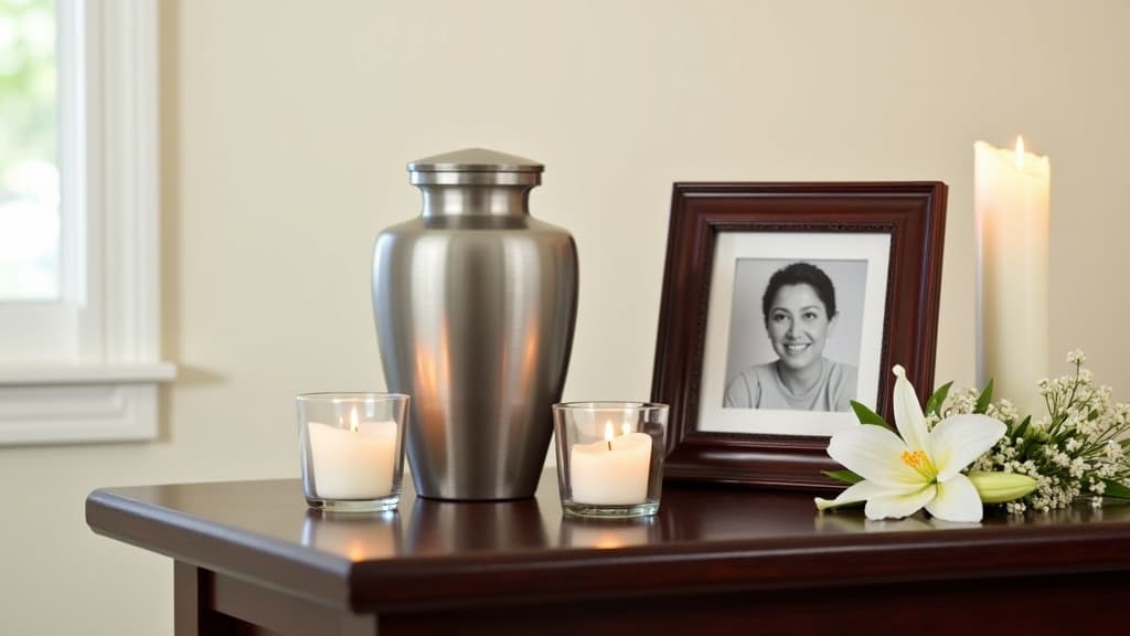 Modern cremation urn with candles and photo in a respectful funeral settin