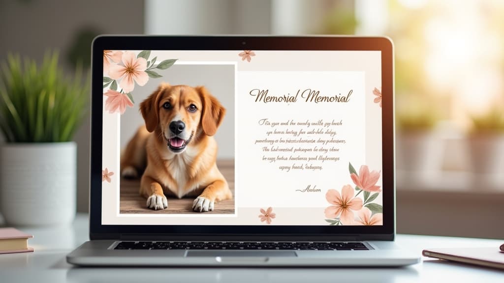 Screenshot of a personalized online pet memorial webpage featuring a beloved dog and heartfelt messages