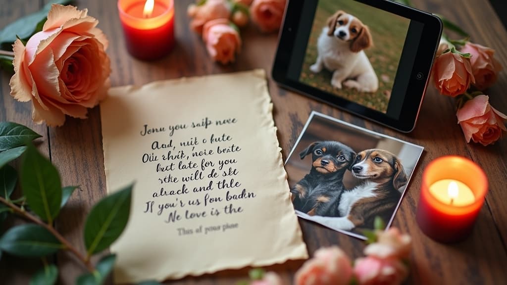 A creative layout of photos, handwritten poems, and video clips to share on an online pet memorial