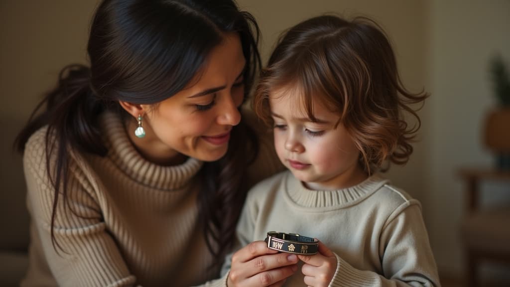 Mother explaining petâs death to young child holding a collar