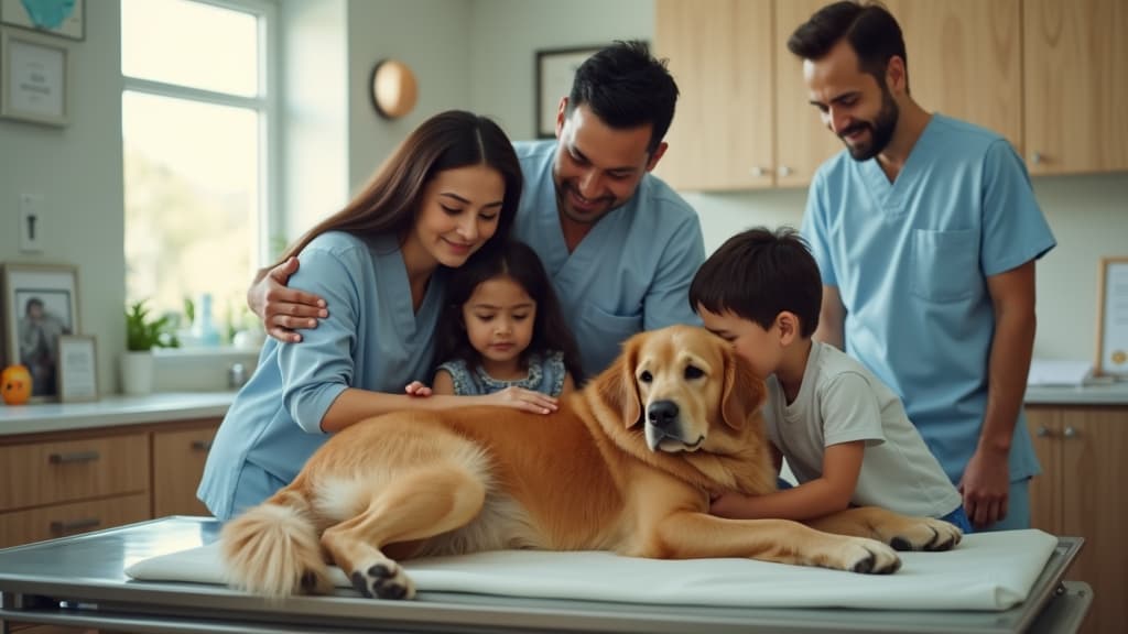 Family saying goodbye to pet at vet clinic, explaining euthanasia to child