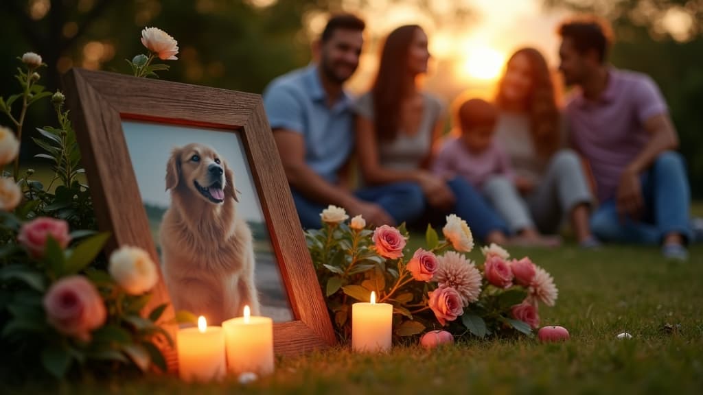 Backyard pet memorial service with family sharing stories and honoring pet