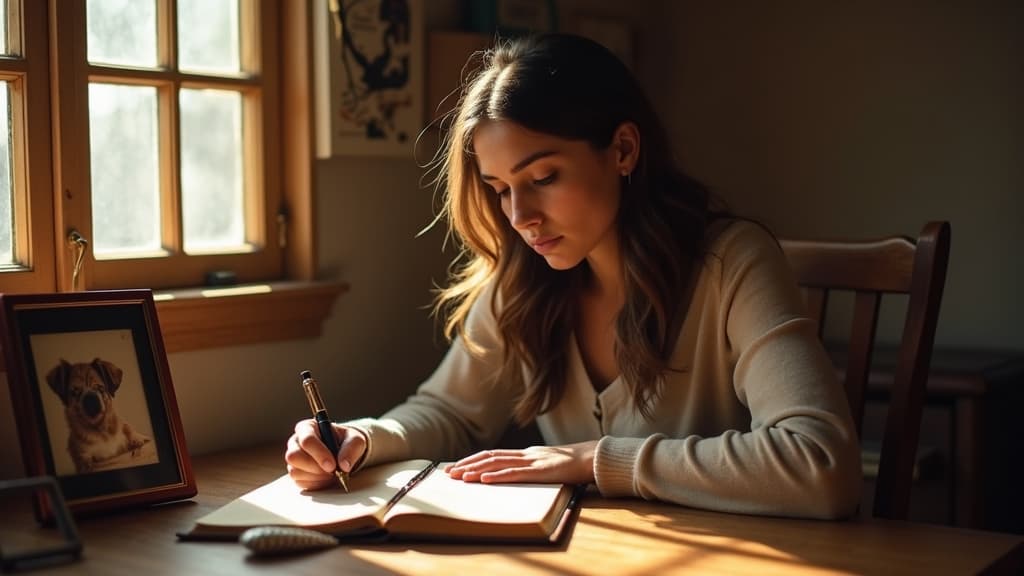 Person journaling memories of deceased pet for emotional healing
