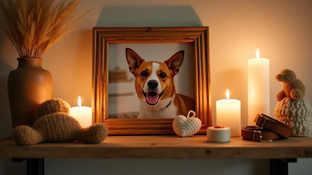 Home pet memorial display with photo, candles, and keepsakes
