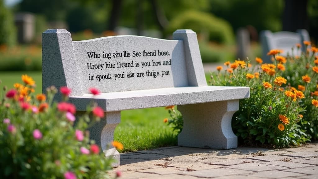 Memorial bench with engraved quote and flower decorations in a garden