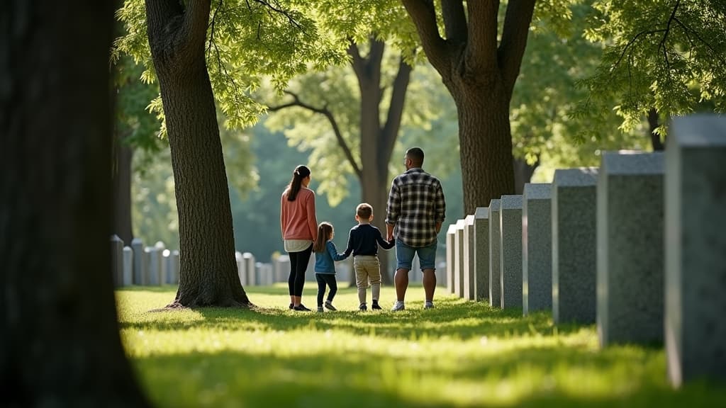 Family visiting a peaceful cemetery surrounded by trees, reflecting and remembering loved ones