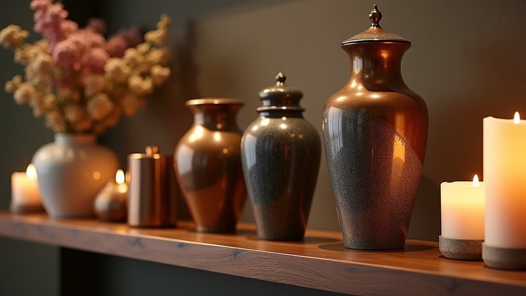 Beautifully designed cremation urns on a shelf with flowers and candles