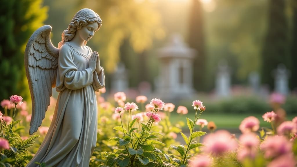 Angel memorial statue surrounded by flowers in a cemetery