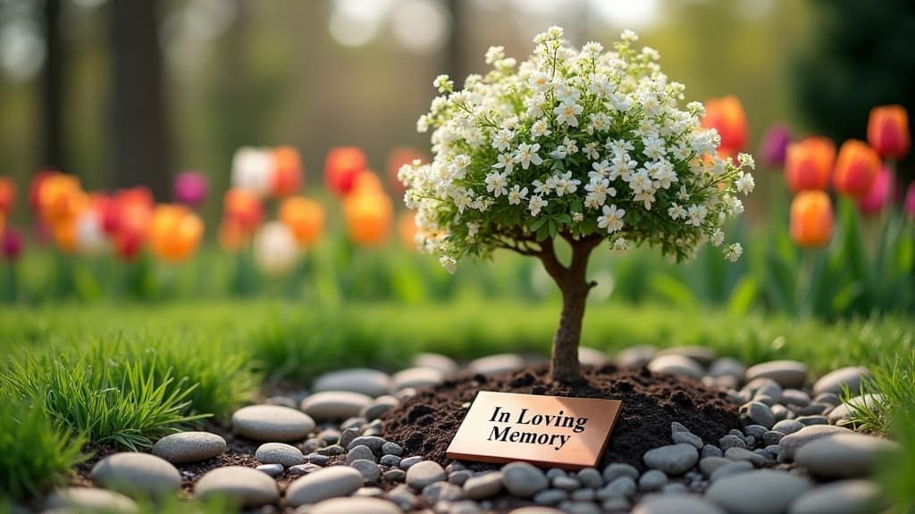 A memorial tree planted in a garden with a small, engraved plaque