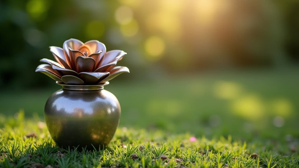 Artificial flower urn designed as a rose in a peaceful garden setting