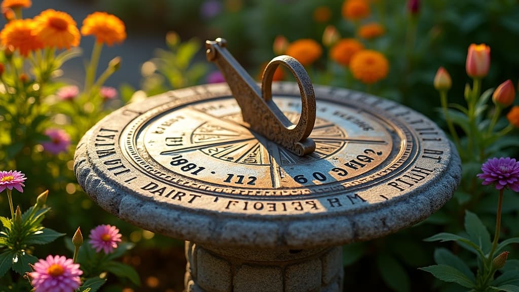 Custom engraved sundial memorial in a sunny garden surrounded by flowers
