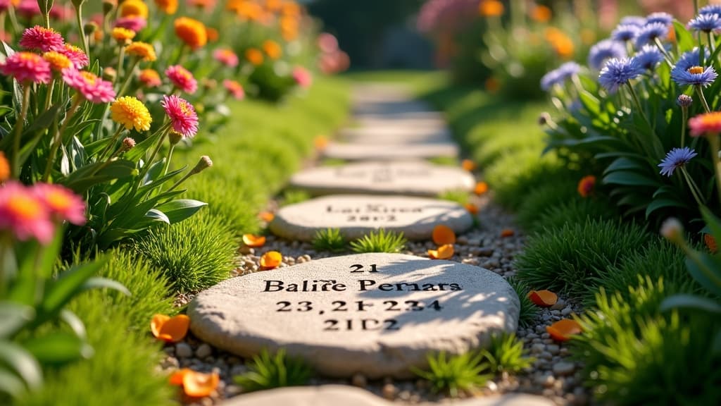 Personalized garden steppingstones with engraved memorial message in a flower bed