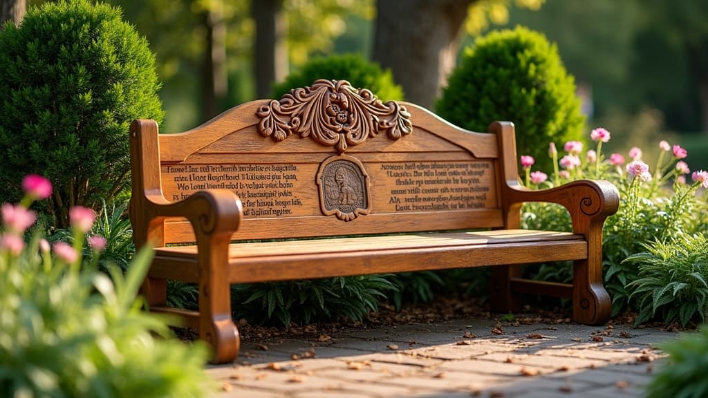 Wooden cremation bench with carved memorial inscription in peaceful garden