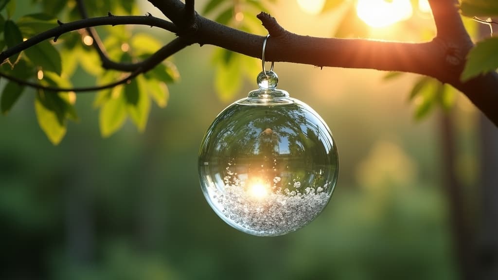 Elegant glass memorial orb filled with ashes hanging from tree branch in garden