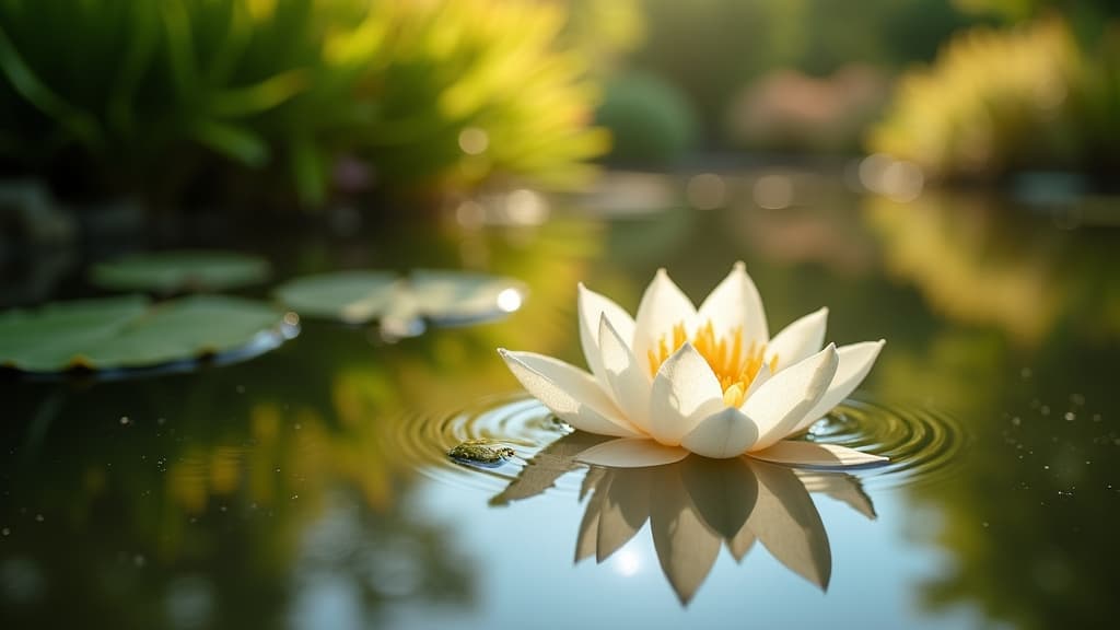 Flower petal floating memorial on calm garden pond honoring loved one