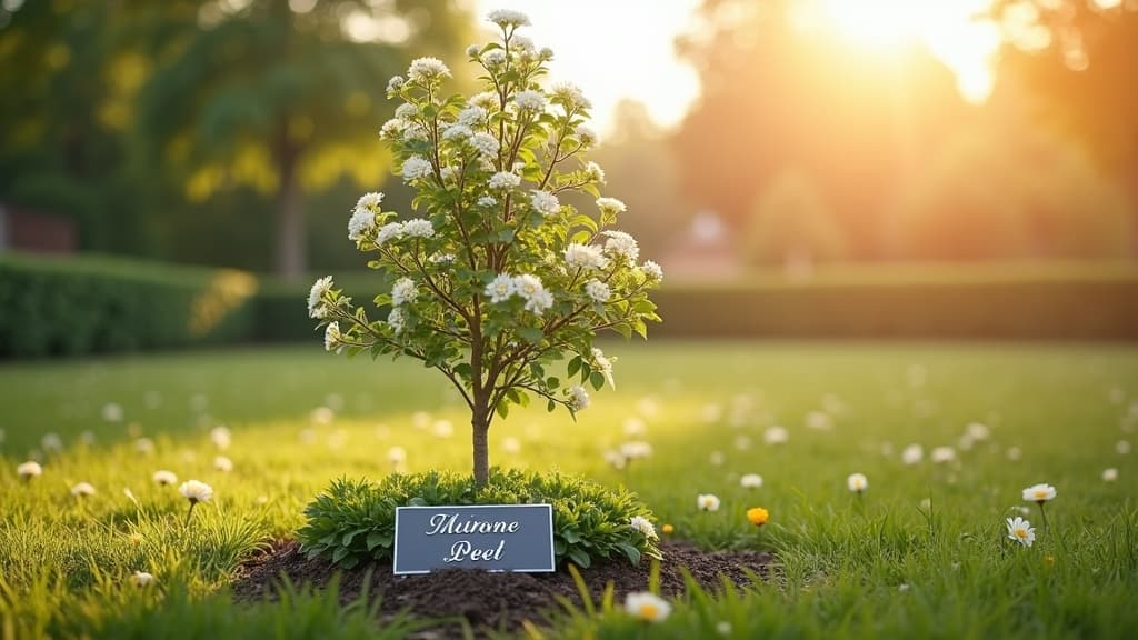 A young memorial tree with a small plaque in memory of a beloved pet