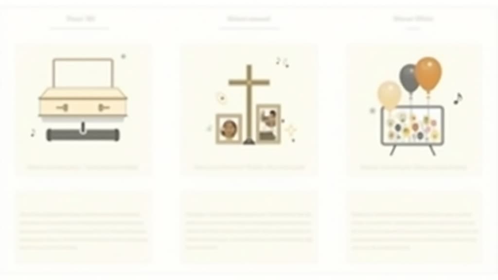 Comparison chart of funeral, memorial service, and celebration of life with icons