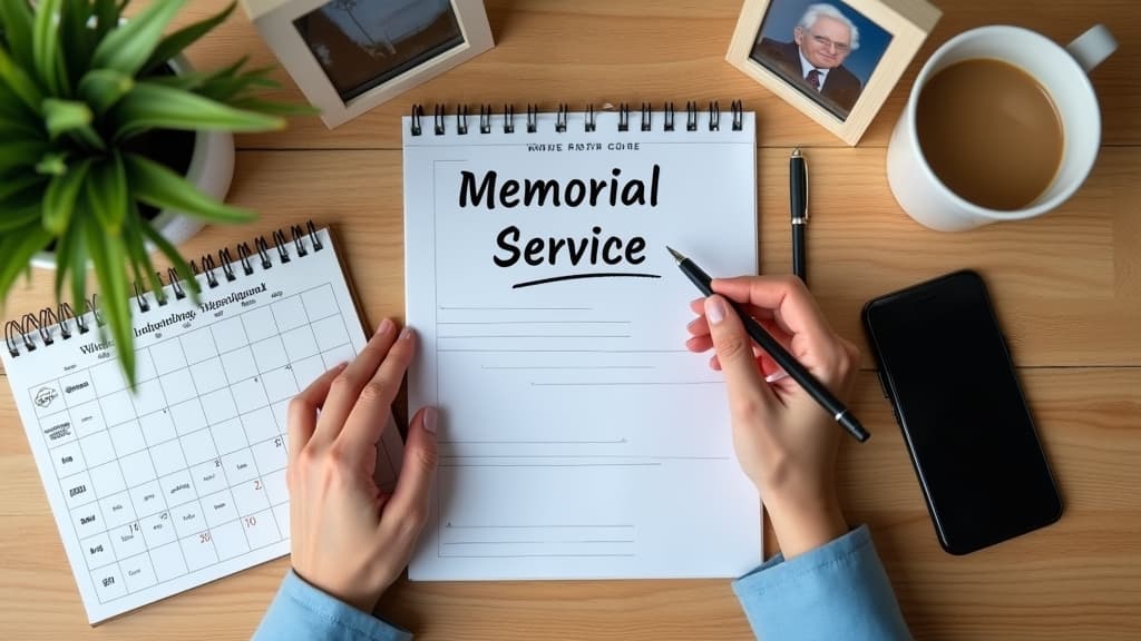 Person planning a memorial service with calendar, notebook, and photo frame on desk