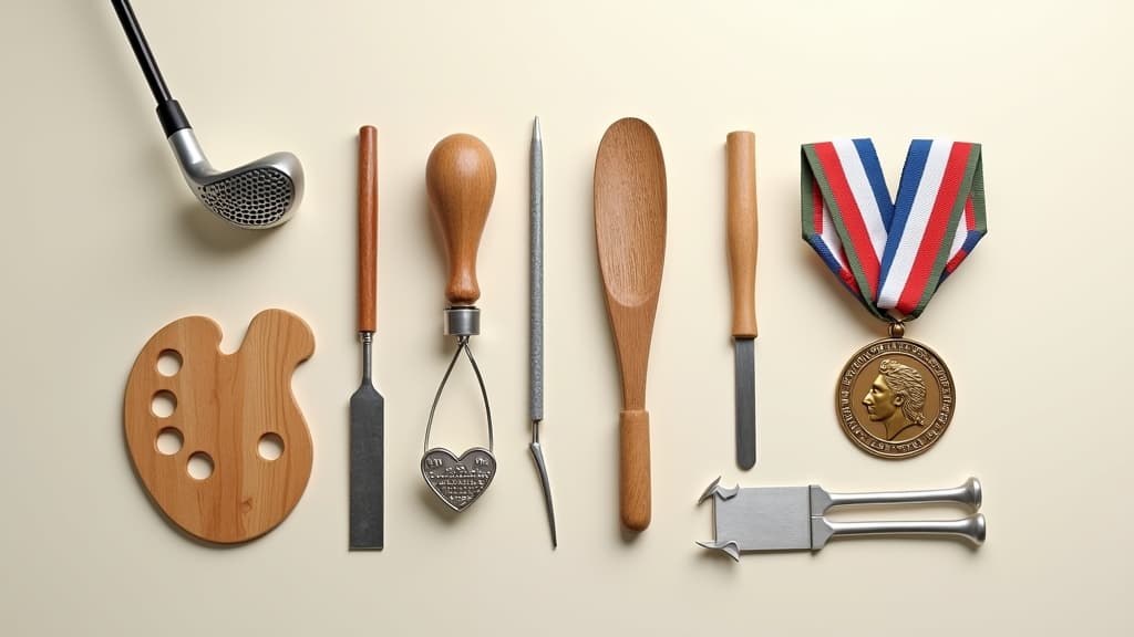 Objects representing memorial service themes like hobbies, travel, and profession