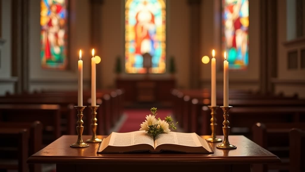 Chapel setup for a faith-based memorial with candles, Bible, and flowers
