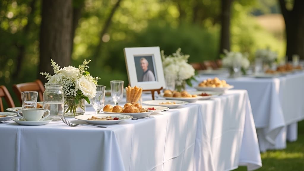 Memorial reception table with tea, pastries, flowers, and framed photo